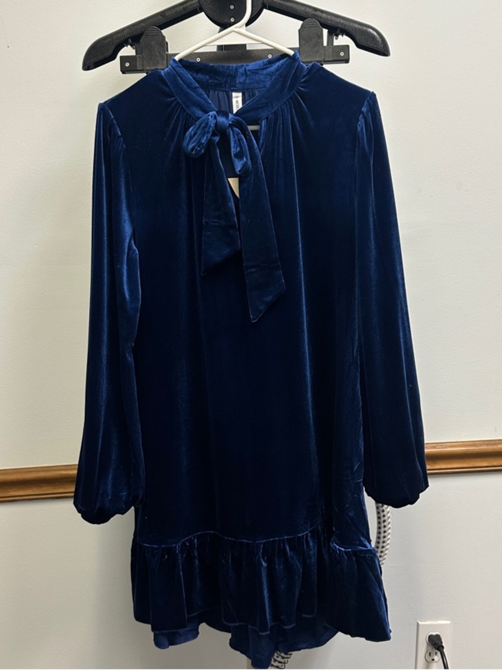 Velvet Bow-Front Dress in Dark Blue